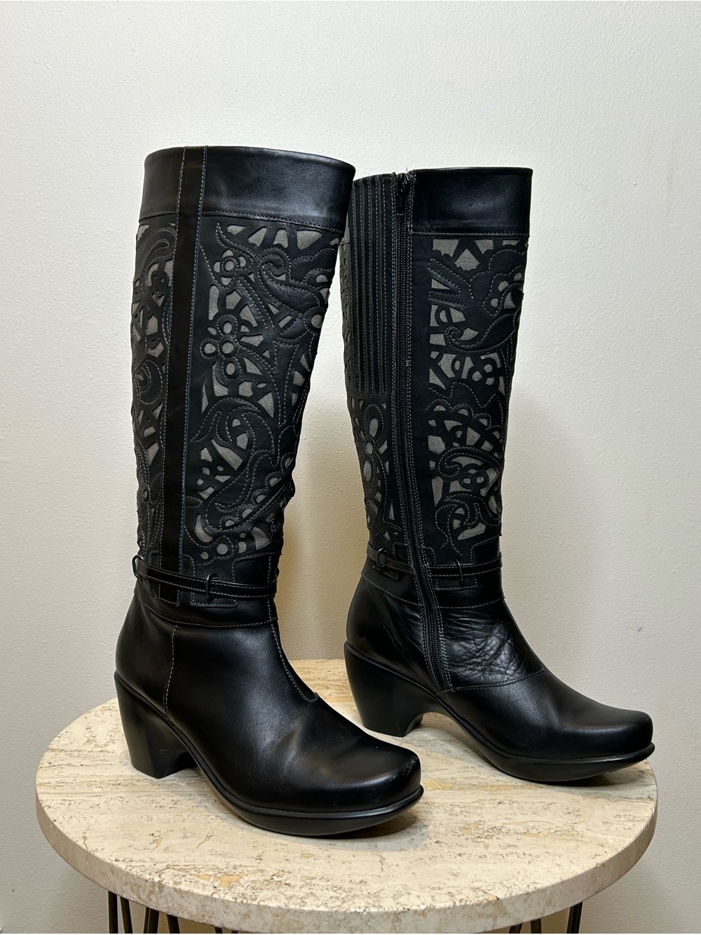 Naot Black Women's Knee-High Embroidered Leather Boots Size 38 7